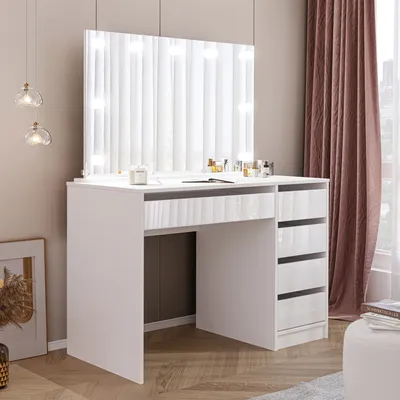 Produktbild von Schminktisch BELLA mit Spiegel und LED-Beleuchtung Schminkkommode Kosmetiktisch 5 Schubladen Weiß Hochglanz