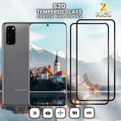 A Samsung Galaxy S20 phone and two screen protectors are shown against a scenic mountain and lake background. Icons representing features are at the bottom.