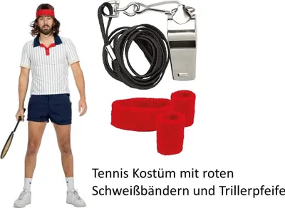 Produktbild von Set 80er Jahre Tenniskostüm - Wimbledon - Sportskostüm Gr. 48 – 60 inkl. Schweißbänder und Trillerpfeife 50