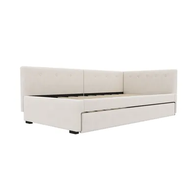 Obrázok produktu pre Denná posteľ Sweiko 90x200cm, denná posteľ s výsuvnou posteľou, rozkladacia pohovka, jednolôžko (bez matraca), minimalistický štýl, béžová farba