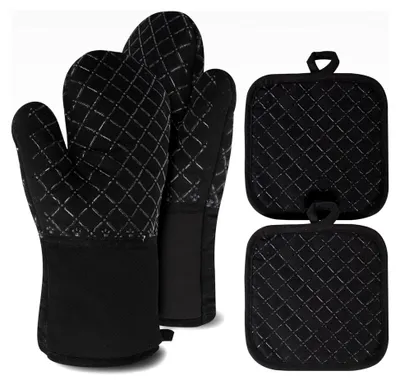 Produktbild von Ofenhandschuhe und Topflappen, hitzebeständig, rutschfest, 4er-Set, bis 250°C, Schwarz