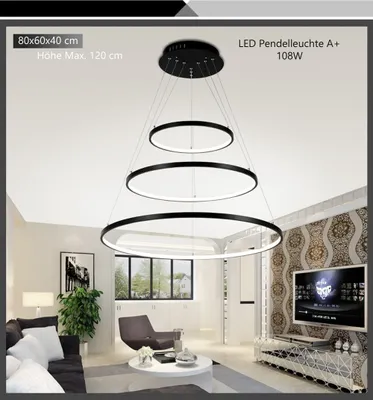 A modern living room with a large, multi-ringed chandelier hanging from the ceiling.