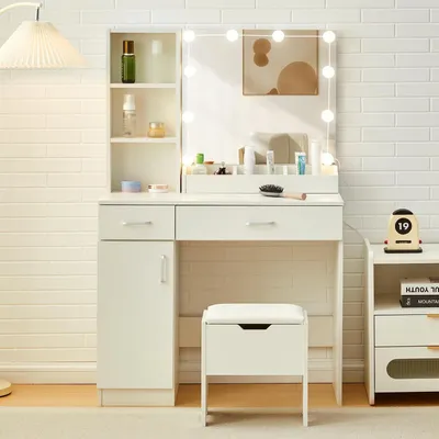 Productafbeelding van Make-up tafel met LED-verlichting en spiegel, 2 lades, 6 open vakken, wit
