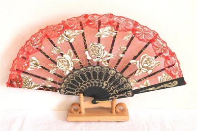Produktbild von 042 Fächer spanisch weiß rot schwarz Blume Rose pvc Spitze Tanz