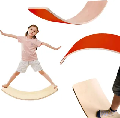 Obrázok produktu pre Drevená balančná doska pre deti Montessori balančná doska 106x33cm s plsťou prírodná s plsťou | červená