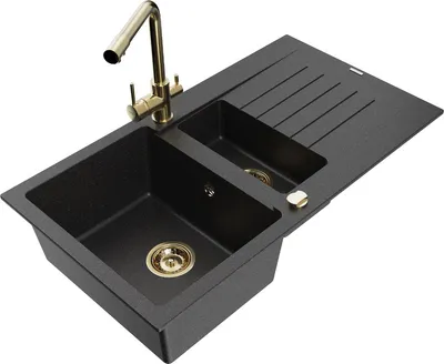 Produktbild von Mexen Matias 1,5-Becken-Granitspüle mit Abtropffläche und Mischbatterie Duero, Schwarz/Silbermetallic- 6502-73-671600-50
