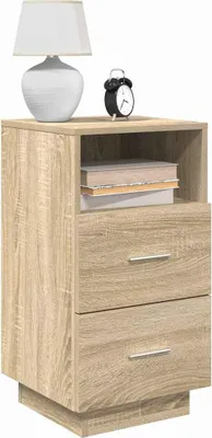 A bedside table with two drawers and an open shelf, topped with a lamp and an alarm clock.