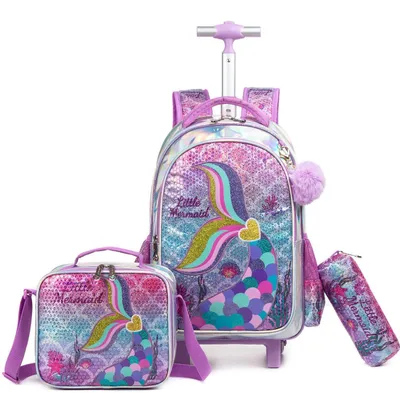 Produktbild von Trolley Rucksack Set mit Federmäppchen und Lunchtasche, 3-teilig, Lila Meerjungfrauen Design