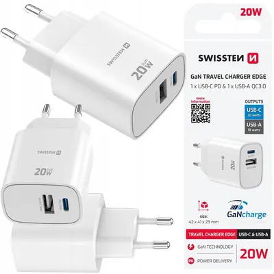 Zdjęcie produktu dla SZYBKA ŁADOWARKA SIECIOWA GaN 1x USB-C 20 W PD + 1x USB-A 18W QC SWISSTEN