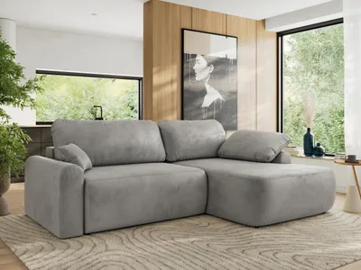 Produktbild von MKS MEBLE Ecksofa CUBO L-form, lose Kissen, Ecksofa 273x187x100 cm mit Schlaffunktion, Bettkasten - Hellgrau Velvet - Rechts Seite