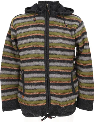 Produktbild von Kuschelige Gefütterte Uni Strickjacke, Gestreifte Wolljacke, Nepaljacke - Grün, Herren, Wolle, Größe: XXL