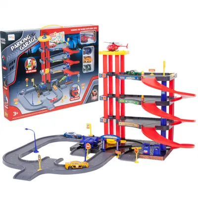 Produktbild von Malplay Spielzeug Set 4-Stöckiges Parkhaus Parkgarage Garage mit 3 Metall-Autos und Hubschrauber Helikopter für Kinder ab 3 Jahren