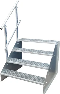 Produktbild von 4 Stufen Standtreppe Modell 1 Treppe Stahltreppe freistehend Breite 80 cm Höhe 84 cm verzinkt mit einseitigem Geländer