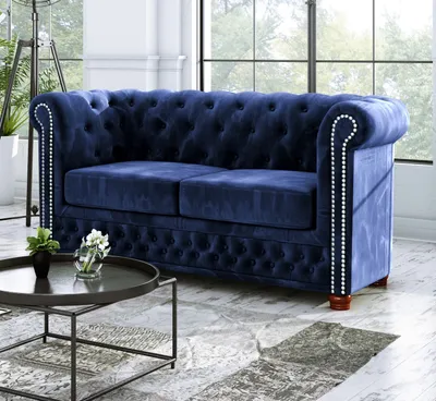 Produktbild von S-STYLE MÖBEL - Chesterfield Jutta Sofa 2-Sitzer aus Marineblau Samt-Stoff mit Holzfüßen, B/T/H: 148 cm/ 86 cm/ 72 cm
