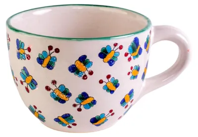 Produktbild von Weiße Steinzeug Suppentasse mit handgemalten Schmetterlingen, ca. 8,5 cm hoch, 11,5 cm Ø