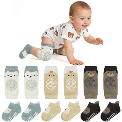 Immagine prodotto di Calzini con protezioni per le ginocchia, 3 paia, taglia M, con puntini antiscivolo, per bambini di 1-3 anni