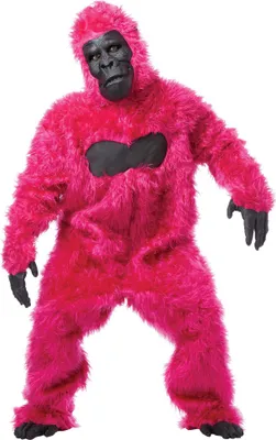 A person wearing a pink gorilla costume.