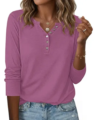 Immagine prodotto di Camicie a maniche lunghe, stile casual, con bottoni e scollo a V, modello Henley. Colore: malva. Taglia: M