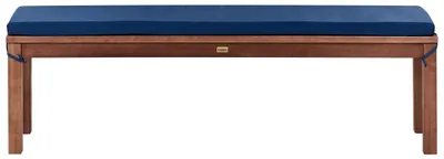 Produktbild von BELIANI Gartenbank Dunkelbraun Eukalyptusholz mit Sitzkissen Blau 160 cm Rechteckig Rustikaler Stil Terrasse Balkon Indoor Outdoor Möbel