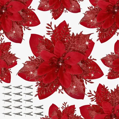 A repeating pattern of artificial red poinsettias with glitter accents, accompanied by a small group of silver alligator clips.