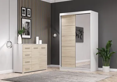 Produktbild von 2er-Set Schwebetürenschrank Schrank Kleiderschrank mit Spiegel Weiß/Sonoma Eiche 120cm Neomi 05 mit Kommode 135cm FRIDA 01