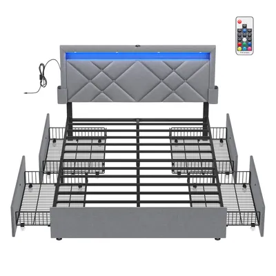 Produktbild von VASAGLE Doppelbettgestell, Bettgestell, 140 x 200 cm, LED, Metallbett, 4 Schubladen, Ladestation, verstellbares gepolstertes Kopfteil, Hellgrau