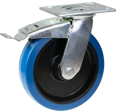 Produktbild von 200-mm-Lenkrolle mit Feststeller und blauem elastischem Gummi auf einem Nylon-Mittelrad