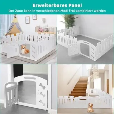 Obrázek produktu pro Výběh pro psy - ohrádka pro štěňata s dvířky - výška 60 cm - uzamykatelná dvířka - panely 3/5/7+1 - vnitřní/venkovní - plast - velikost S - bílá