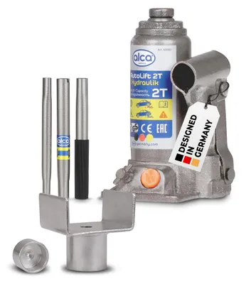 Produktbild von alca® hydraulischer Wagenheber 2t mit U-Adapter I für Caravan Anhänger Auto Motorrad & SUV I Stempelheber aus Stahl - 158-308 mm Hubhöhe I kompakter Autoheber