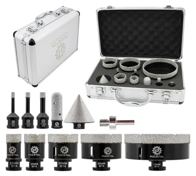 Productafbeelding van Diamant boor set, 11 stuks (6-110mm), met spindelboor, schuine boor en adapter M14, geschikt voor porselein, keramiek, marmer en graniet