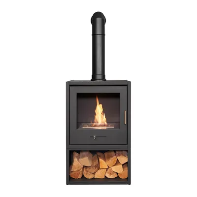 Produktbild von OKO S3 Bioethanol-Kamin mit Holzlager in Anthrazitgrau & extra hohem schrägem Ofenrohr