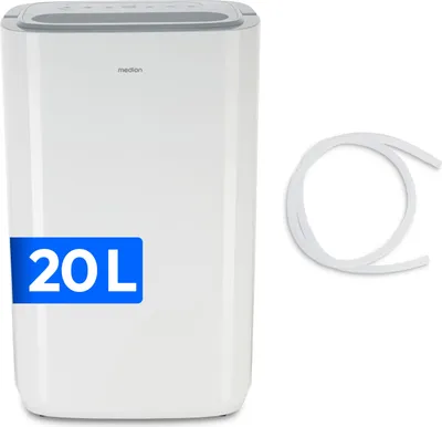 A white electric dehumidifier with a blue label indicating its capacity, and a white hose accessory next to it, all on a white background.