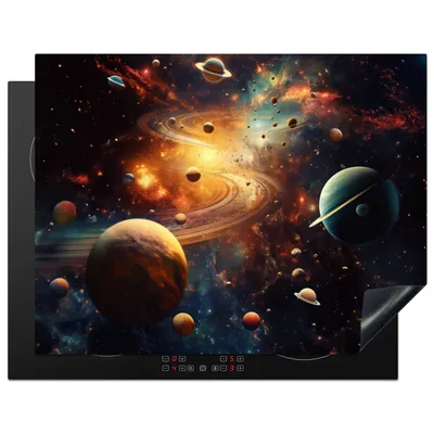 Produktbild von KitchenYeah© Herdabdeckplatte Galaxie - Weltraum - Neon - Planeten , 77x59cm, Küche Deko, Glaskeramikkochfeld Herdabdeckung, Abdeckplatte fùr Kochfeld