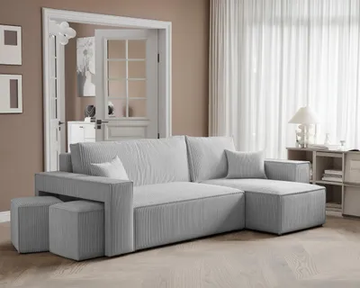 Produktbild von Idohome–Moderne Ecksofa PARIS mit Hockern mit Schlaffunktion, L-förmigen, Universale Couch, Bettcouch - Farbe: Hellgrau Poso 110