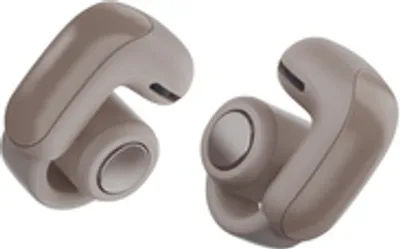 A pair of beige wireless earbuds.