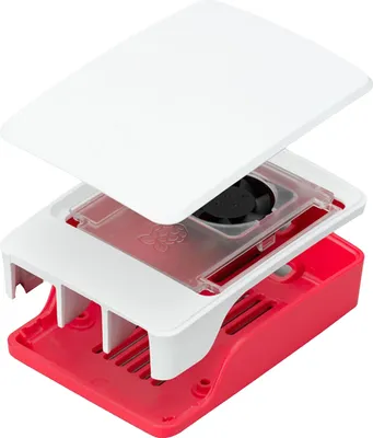 An exploded view of a Raspberry Pi case with a fan.