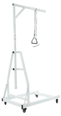 Immagine prodotto di Sollevatore per pazienti con base e barra a forma di trapezio - Altezza regolabile da 90 a 190 cm - Capacità massima di carico: 150 kg - 4 ruote piroettanti con freno - Acciaio al carbonio - Pratiche maniglie - Bianco