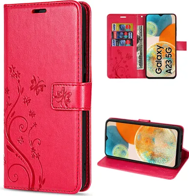 A collage of images showing a red flip phone case with floral and butterfly designs, and a Samsung Galaxy A23 5G phone inside.