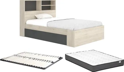 Produktbild von Bett 120 x 190 cm mit Stauraum - Natur & anthrazit + Lattenrost + Matratze - VARDIEL