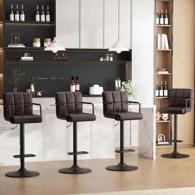 Immagine prodotto di Set di 4 sgabelli da bar, regolabili in altezza, rivestiti in ecopelle, girevoli a 360°, con braccioli e schienale, disponibili in nero e marrone