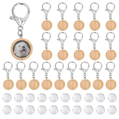 Produktbild von DIY Schlüsselanhänger Bastelset 20 Holzrohlinge mit 20 Glascabochons und Karabinerverschlüssen