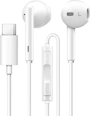 A pair of white USB-C earphones with an inline remote and microphone, displayed against a white background.