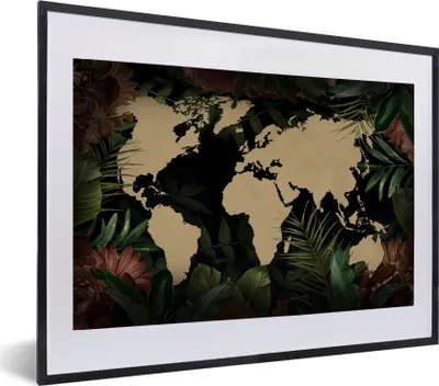 Produktbild von MuchoWow® MuchoWow® Gerahmtes Poster Weltkarte - Blätter - Blumen 60x40 cm - Poster mit zchwarzem Bilderrahmen - Schlafzimmer - Plakat in Rahmen - Drucken