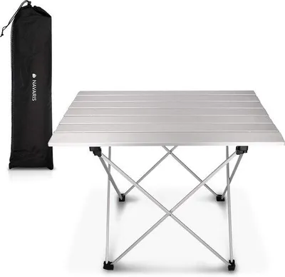 Imagen del producto de Mesa plegable para camping Unyqoos® – mesa de aluminio plegable, 55,7 x 40,5 x 38,5 cm, 1,2 kg, incluye bolsa de transporte, mesa plegable para picnic y viajes, color plateado