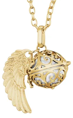 Immagine prodotto di Collana da donna Morella in acciaio inossidabile dorato, 70 cm, con ciondolo dorato a forma di ali d'angelo e pallina sonora bianca Ø 16 mm, in sacchetto per gioielli