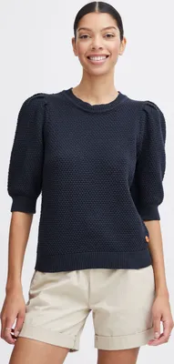 Produktbild von OXMO OXMicha Pullover Damen T-Shirt Kurzarm Shirt O-Neck halblange Ärmel kurzarm Rippbündchen Struktur-Strick mit Holz-Detail
