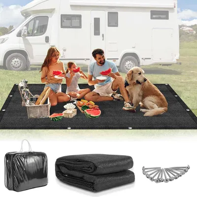 Produktbild von Campingteppich Vorzeltteppich aus HDPE 240 g/m², 250 x 300 cm, Schwarz, 1 Teppich mit 13 Heringen, UV-stabil und beidseitig nutzbar