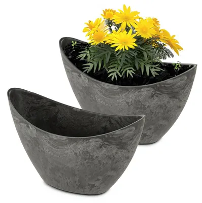 Produktbild von Hohe Pflanzschalen oval 2x 24 cm für draussen schwarz marmoriert