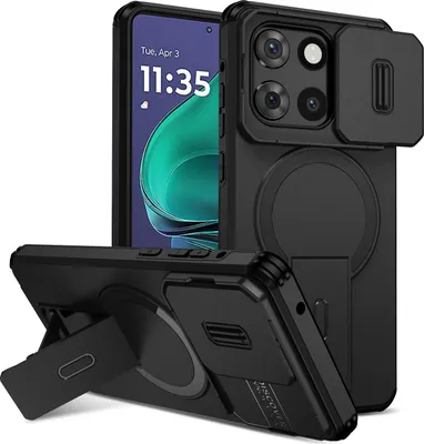 Obrázek produktu pro Magnetické pouzdro pro Motorola Moto G Stylus 2025, dvouvrstvé odolné pouzdro s posuvnou ochranou fotoaparátu a nastavitelným stojánkem Černá