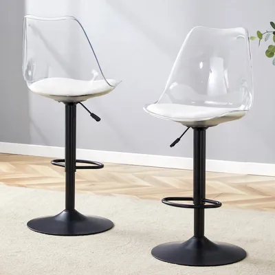 Obrázek produktu pro Sada 2 barových židlí, černá a průhledná, výškově nastavitelná 60–80 cm, otočná o 360°. Moderní barové židle sPolyuretankoženým sedákem a opěrkou nohou.